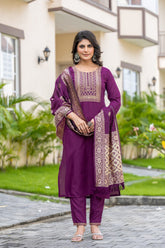 WINE COLOURED  WOMEN'S POLYSTER  KURTA WITH  DUPATTA SET